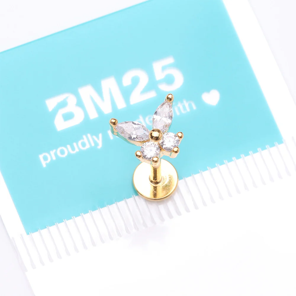 Golden Brilliant Sparkle Butterfly Prong Gem Top Flat Back Stud Labret - Image 5