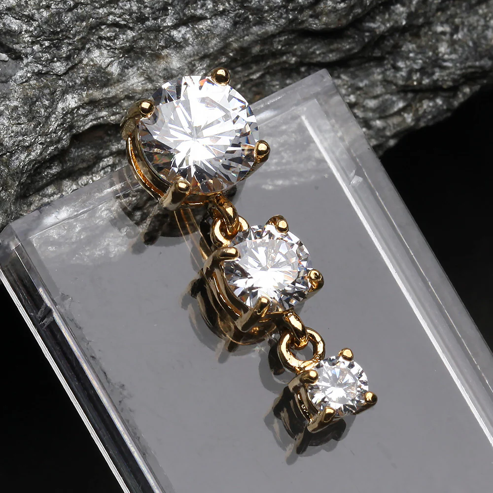Golden Brilliant Sparkle Cascading Gem Reverse Belly Button Ring - Image 3