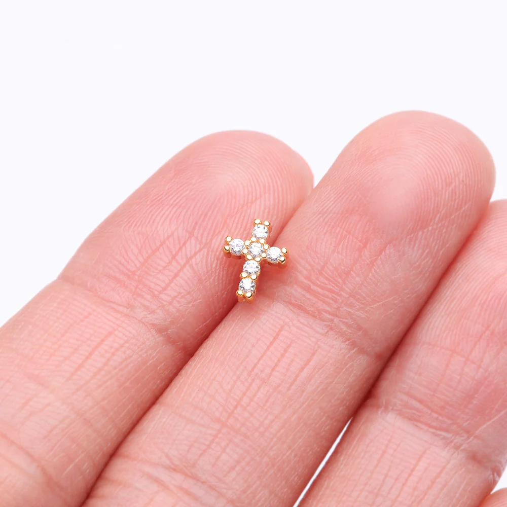 Golden Brilliant Sparkle Cross Multi-Gem Nose Stud Ring - Image 4