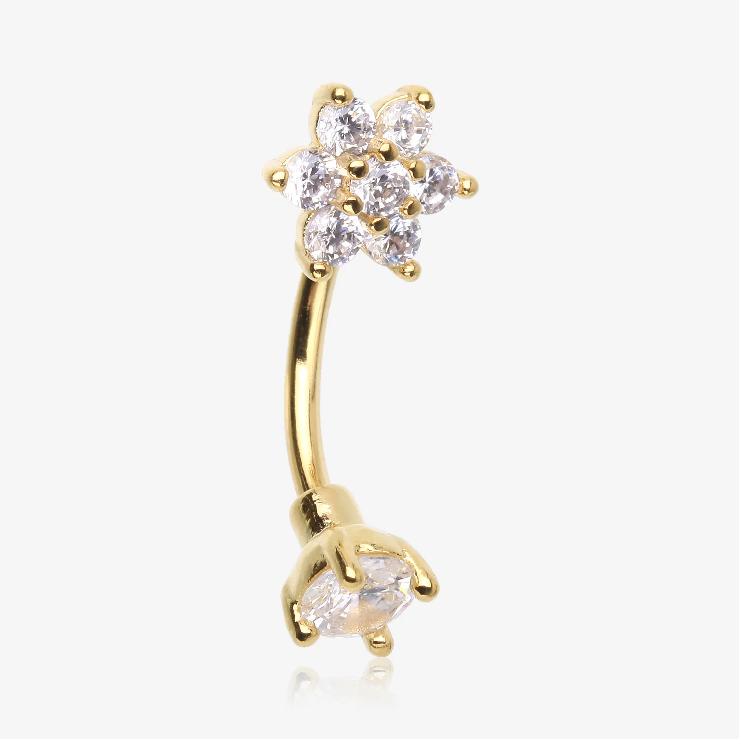 Golden Brilliant Sparkle Flower Prong Gem Top Curved Barbell