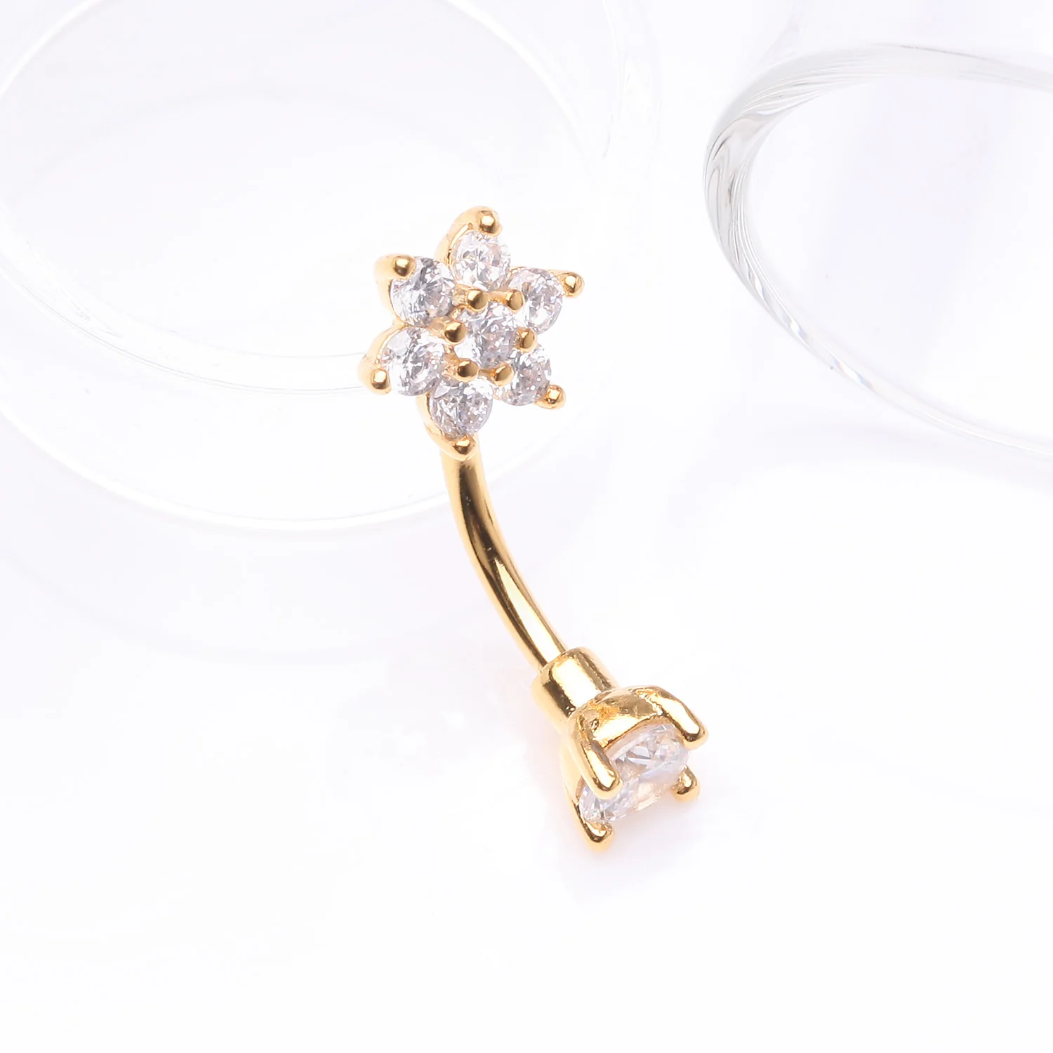 Golden Brilliant Sparkle Flower Prong Gem Top Curved Barbell - Image 2