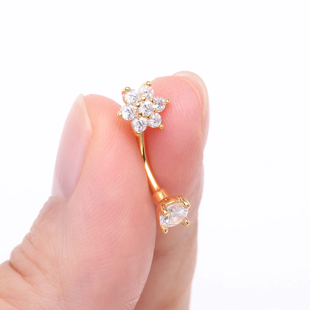 Golden Brilliant Sparkle Flower Prong Gem Top Curved Barbell - Image 3