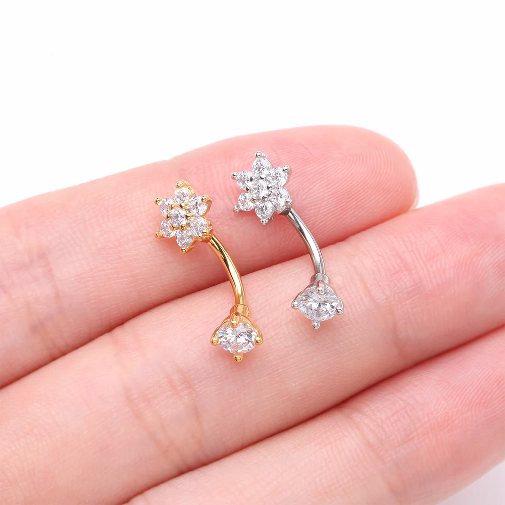 Golden Brilliant Sparkle Flower Prong Gem Top Curved Barbell - Image 4