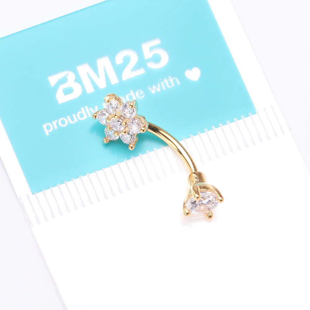 Golden Brilliant Sparkle Flower Prong Gem Top Curved Barbell - Image 5