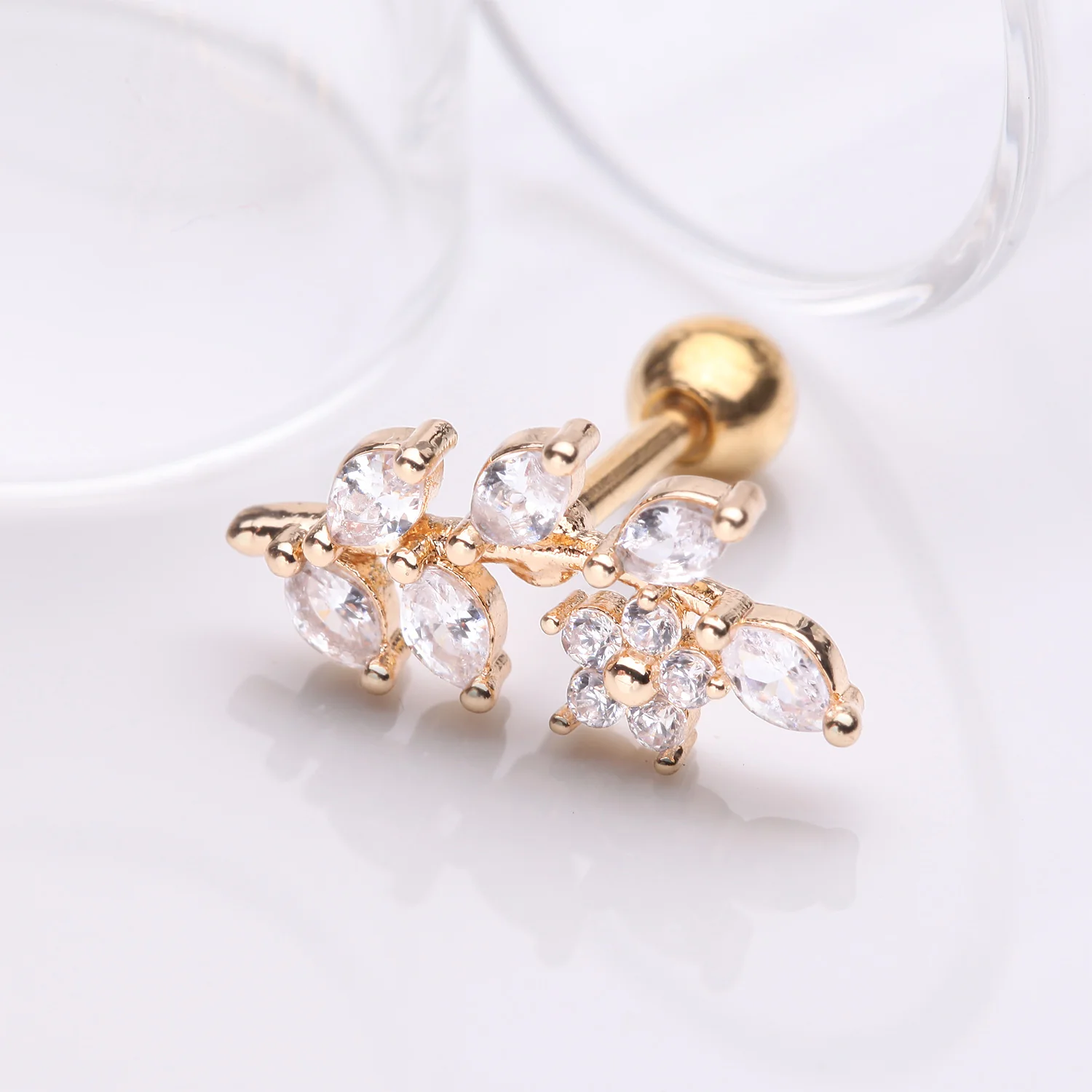 Golden Brilliant Sparkle Flower Vine Leaflets Sparkle Cartilage Tragus Barbell Stud - Image 2