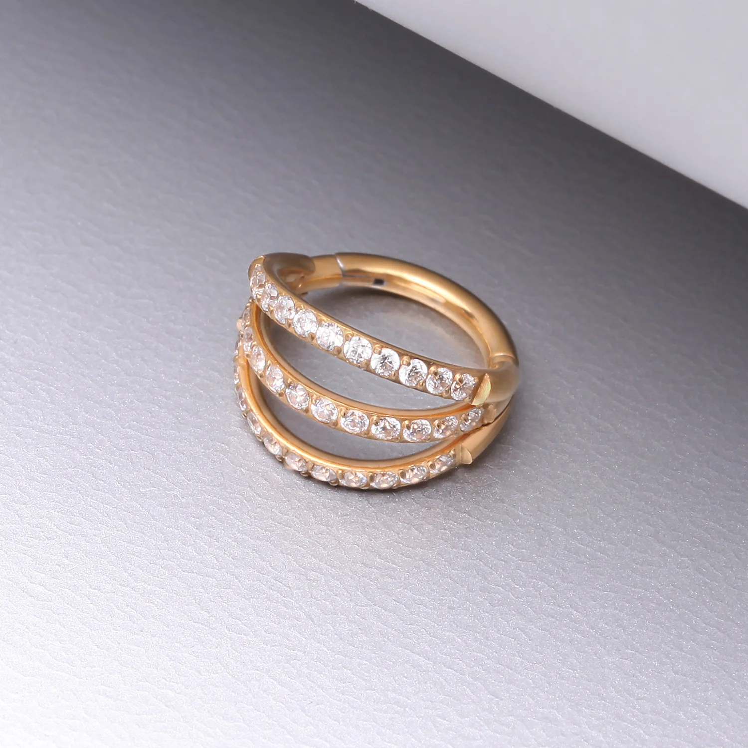 Golden Brilliant Sparkle Gem Lined Triple Hoop Steel Seamless Clicker Hoop Ring - Image 2