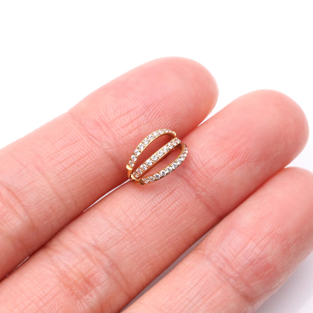Golden Brilliant Sparkle Gem Lined Triple Hoop Steel Seamless Clicker Hoop Ring - Image 3