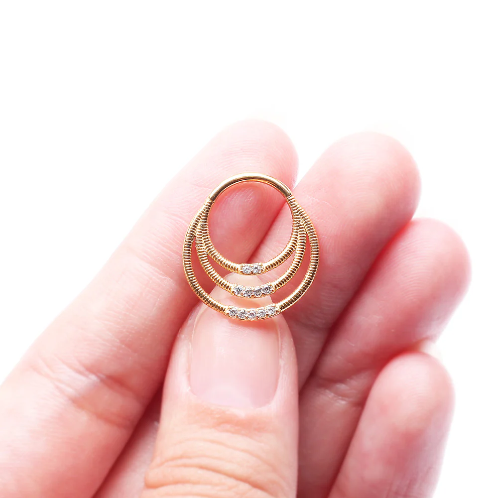 Golden Brilliant Sparkle Gem Lined Triple Loop Accent Seamless Clicker Hoop Ring - Image 5