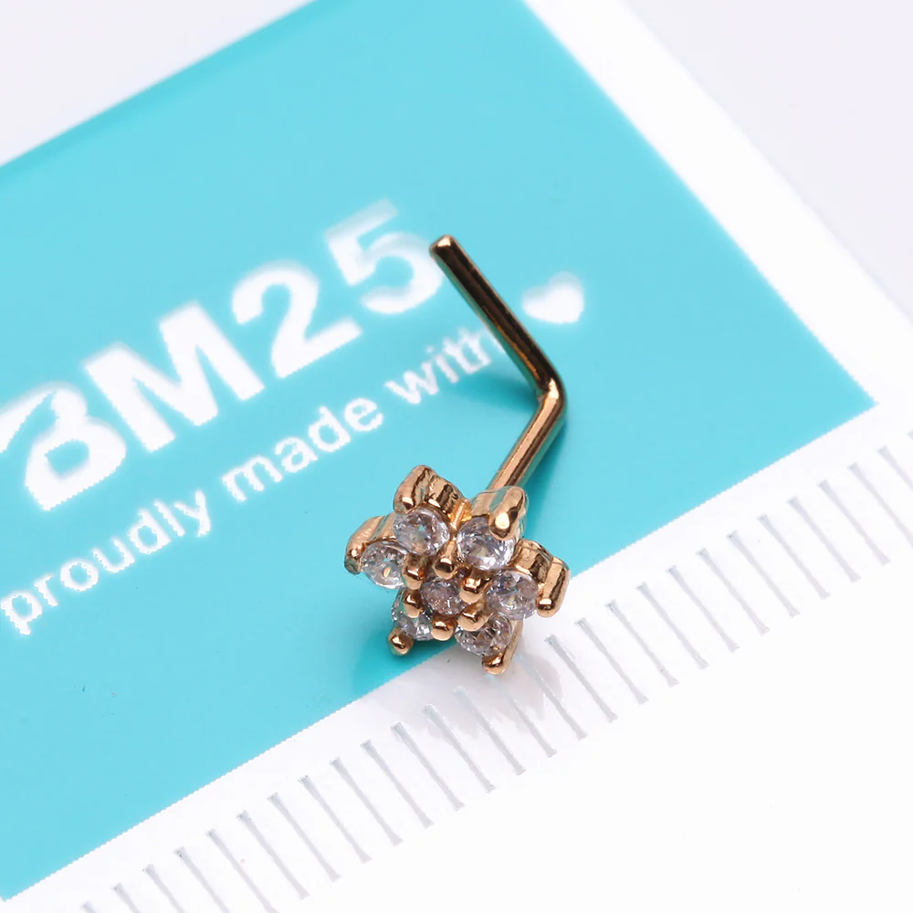 Golden Brilliant Sparkle Spring Flower Multi-Gem L-Shaped Nose Ring - Image 3