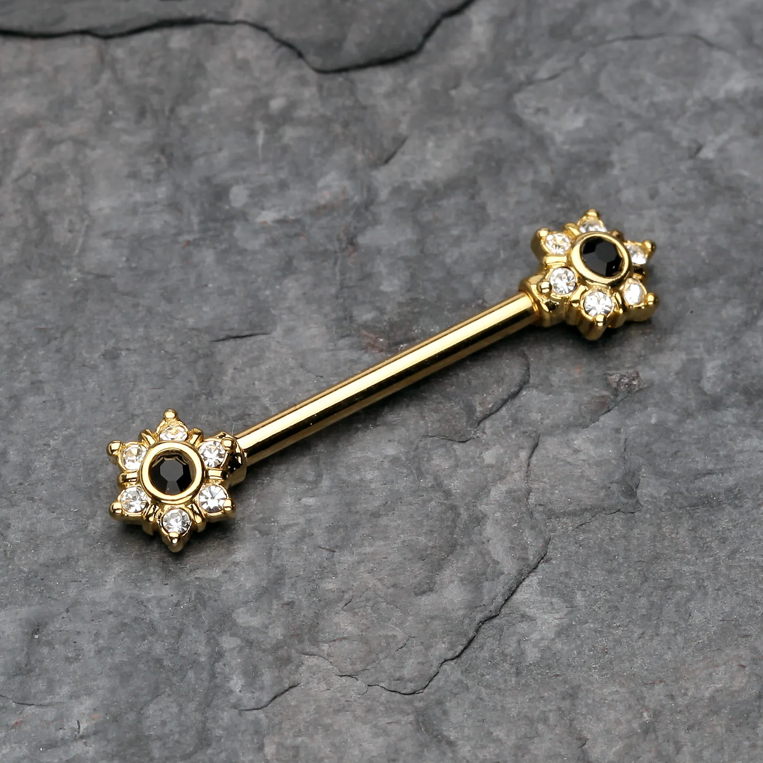 A Pair of Golden Brilliant Sparkle Spring Flower Nipple Barbell - Image 2