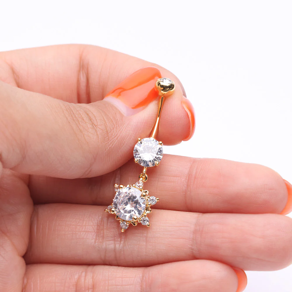 Golden Brilliant Starburst Sparkle Belly Button Ring - Image 4