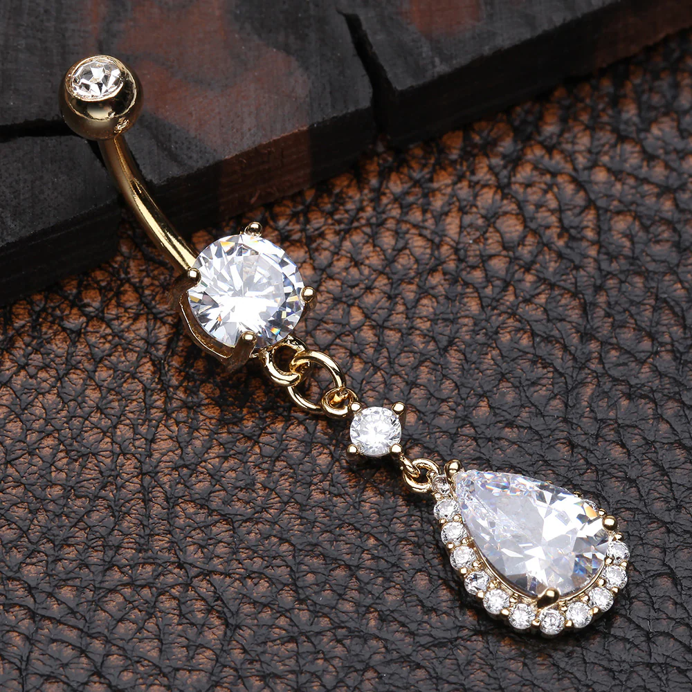 Golden Brilliant Teardrop Lux Sparkle Dangle Belly Button Ring - Image 3