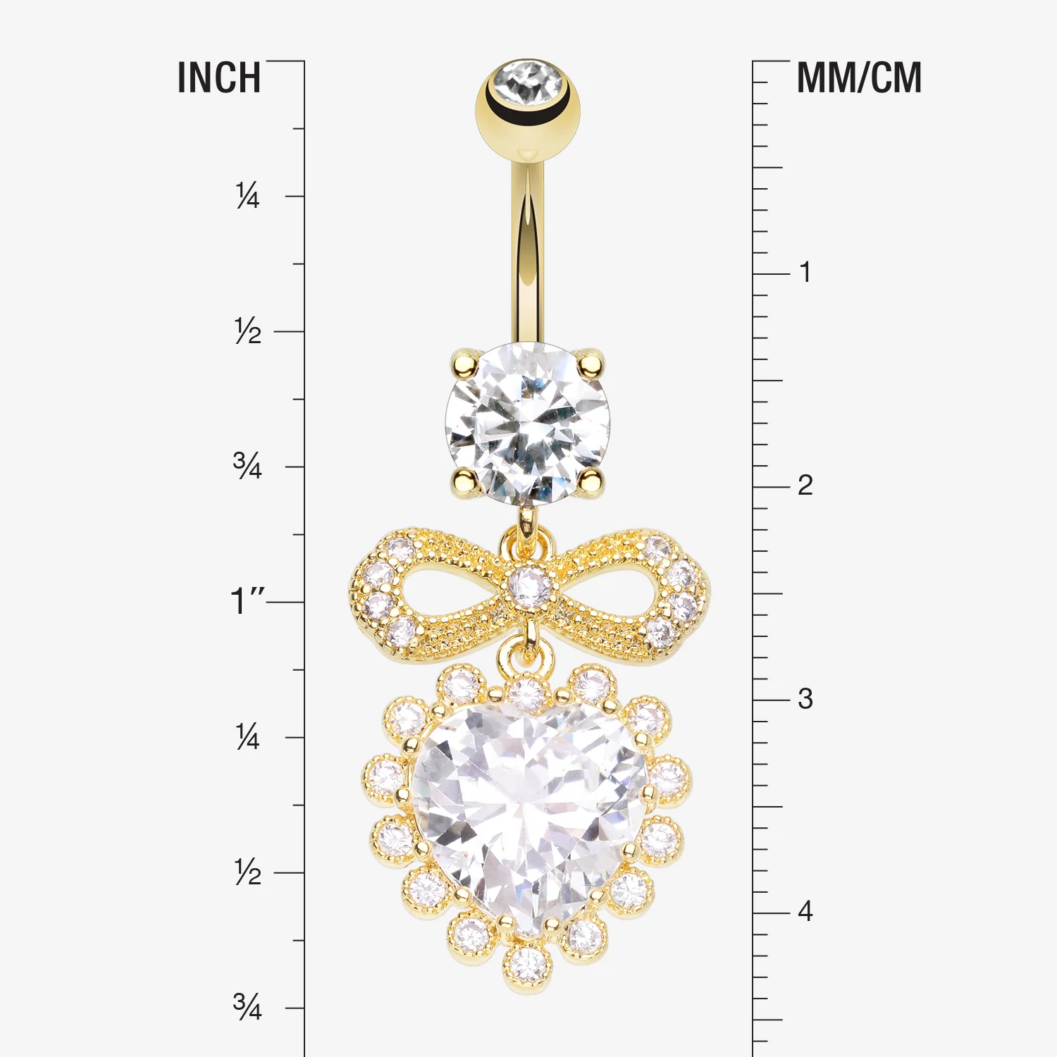 Golden Bubbly Heart Sparkle Bow-Tie Dangle Belly Button Ring - Image 2