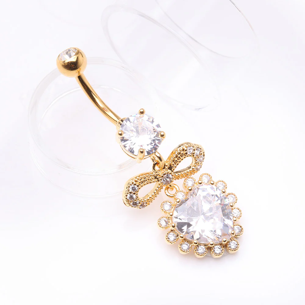 Golden Bubbly Heart Sparkle Bow-Tie Dangle Belly Button Ring - Image 3