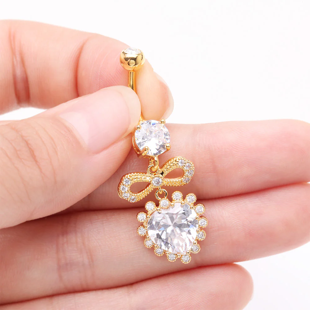 Golden Bubbly Heart Sparkle Bow-Tie Dangle Belly Button Ring - Image 4