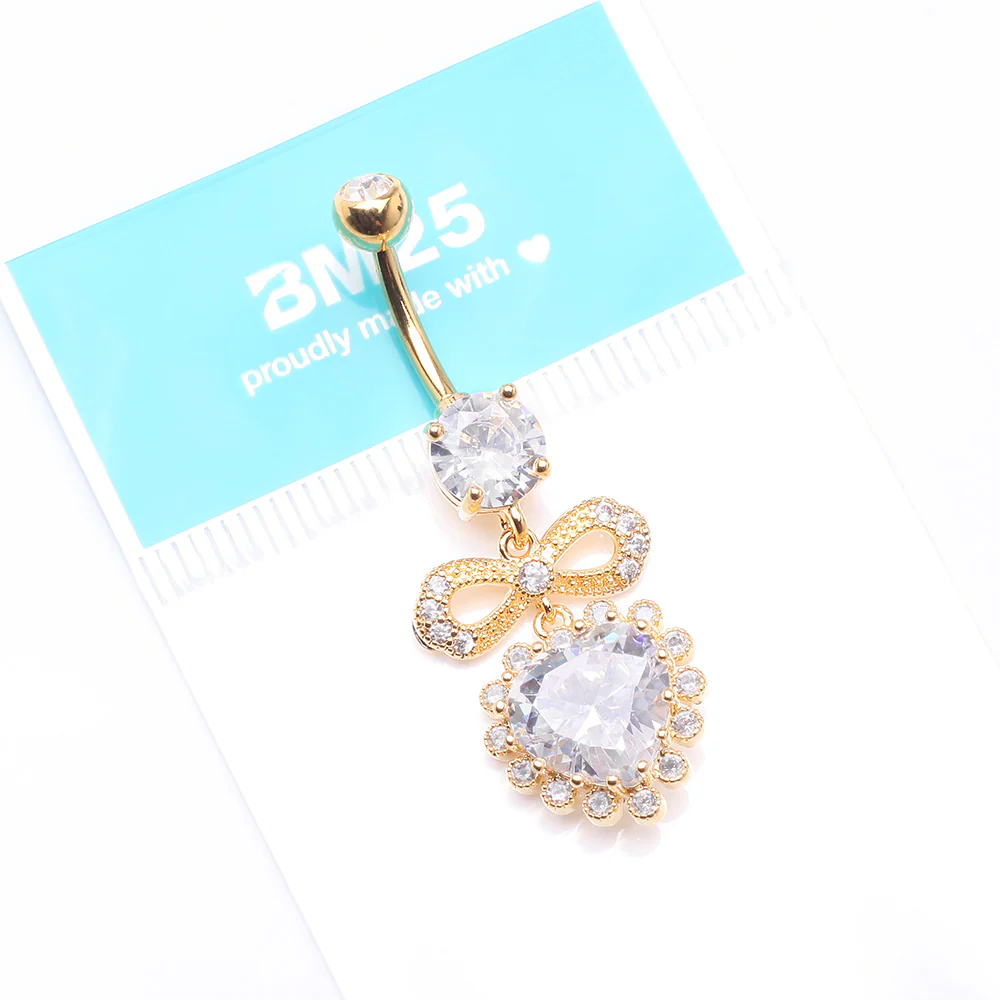 Golden Bubbly Heart Sparkle Bow-Tie Dangle Belly Button Ring - Image 5