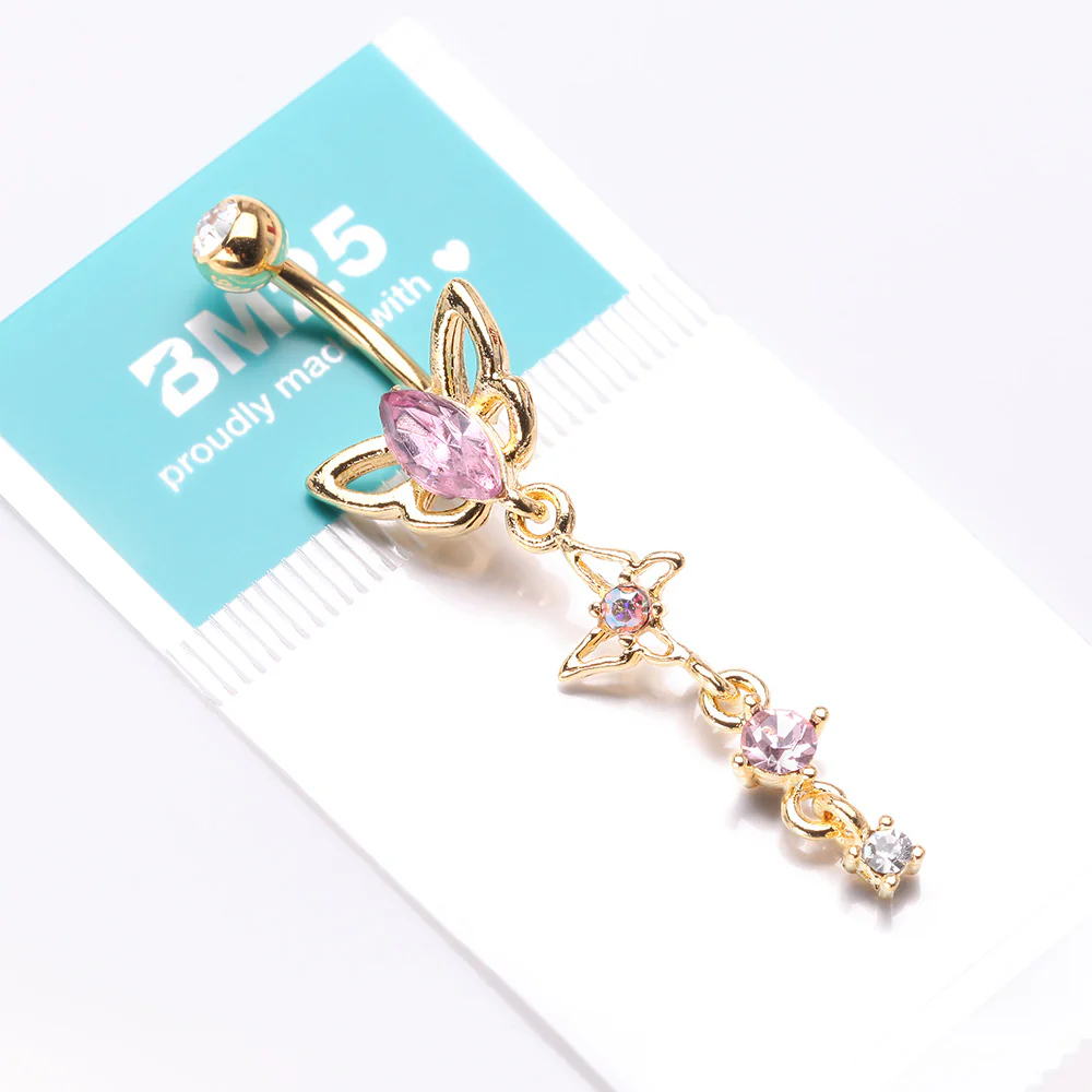 Golden Butterfly Elegance Sparkle Dangle Belly Button Ring - Image 5