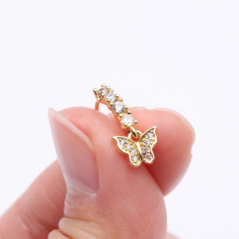 Golden Butterfly Elegance Sparkle Dangle Multi-Gem Lined Bendable Hoop Ring - Image 3