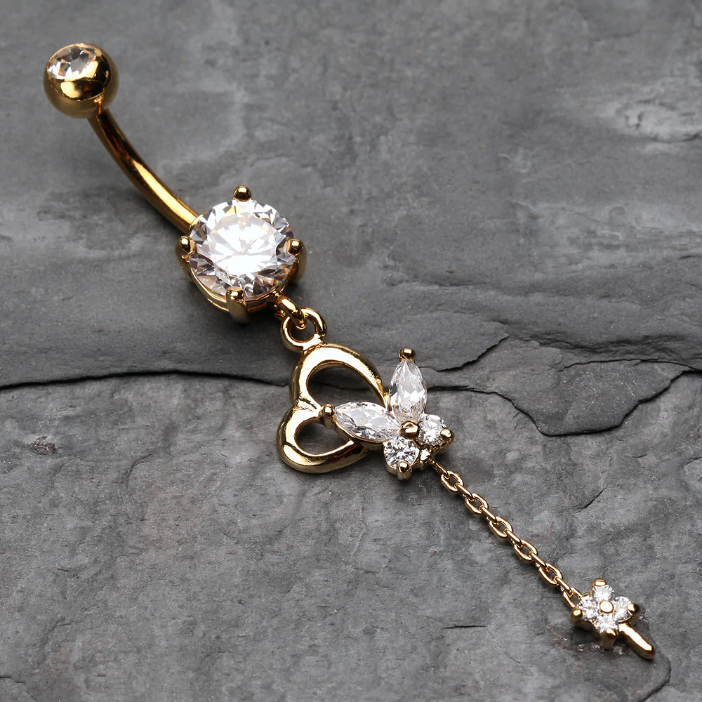 Golden Butterfly Heart Flower Sparkle Belly Button Ring - Image 3