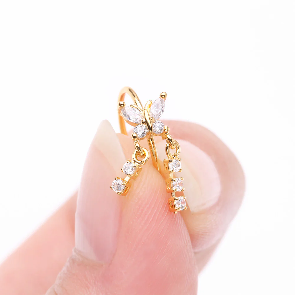Golden Butterfly Sparkle Dangle Gem Drop Bendable Hoop Ring - Image 3