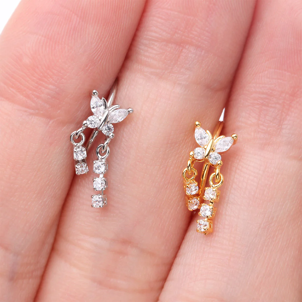 Golden Butterfly Sparkle Dangle Gem Drop Bendable Hoop Ring - Image 4