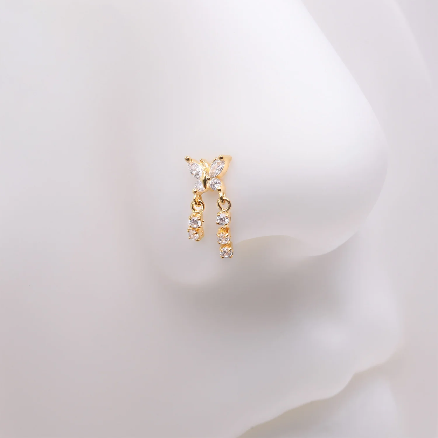 Golden Butterfly Sparkle Dangle Gem Drop Nose Stud Ring - Image 2