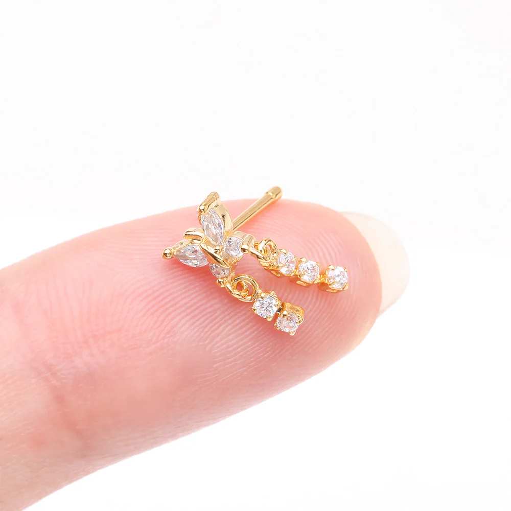 Golden Butterfly Sparkle Dangle Gem Drop Nose Stud Ring - Image 3