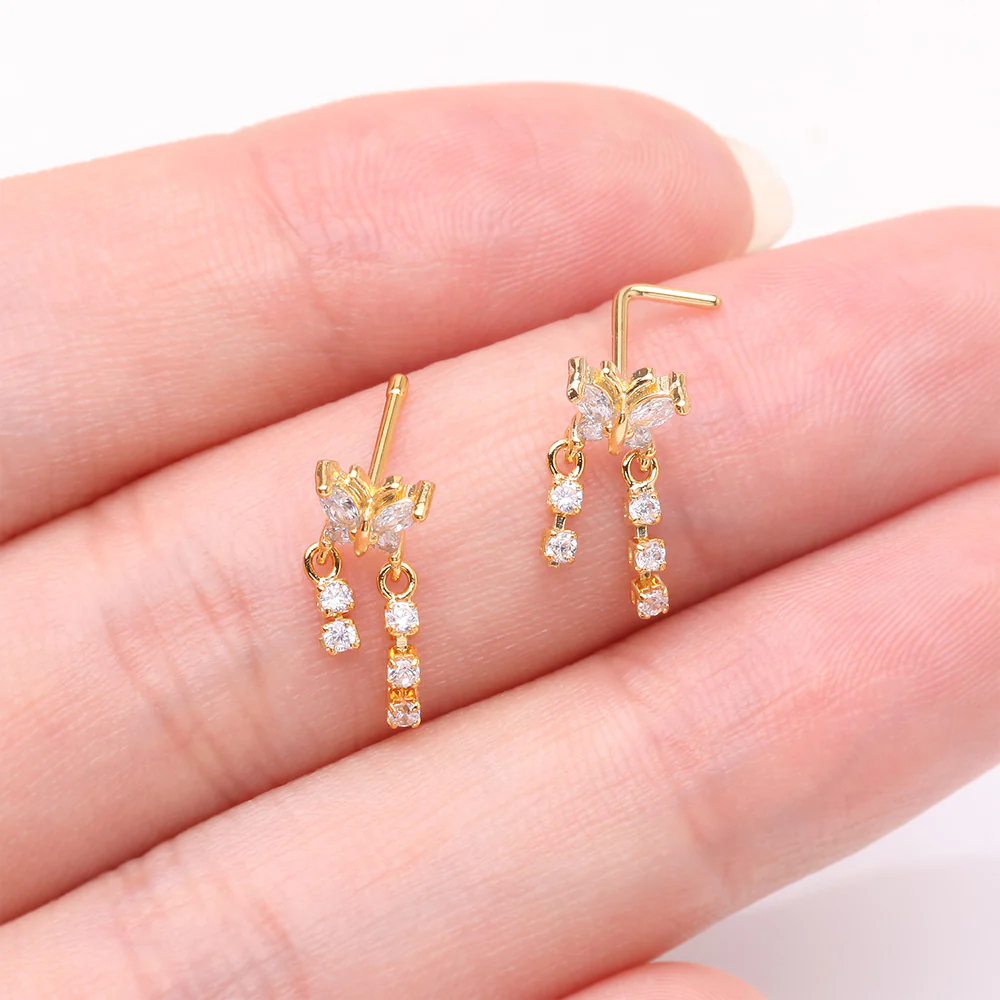 Golden Butterfly Sparkle Dangle Gem Drop Nose Stud Ring - Image 4