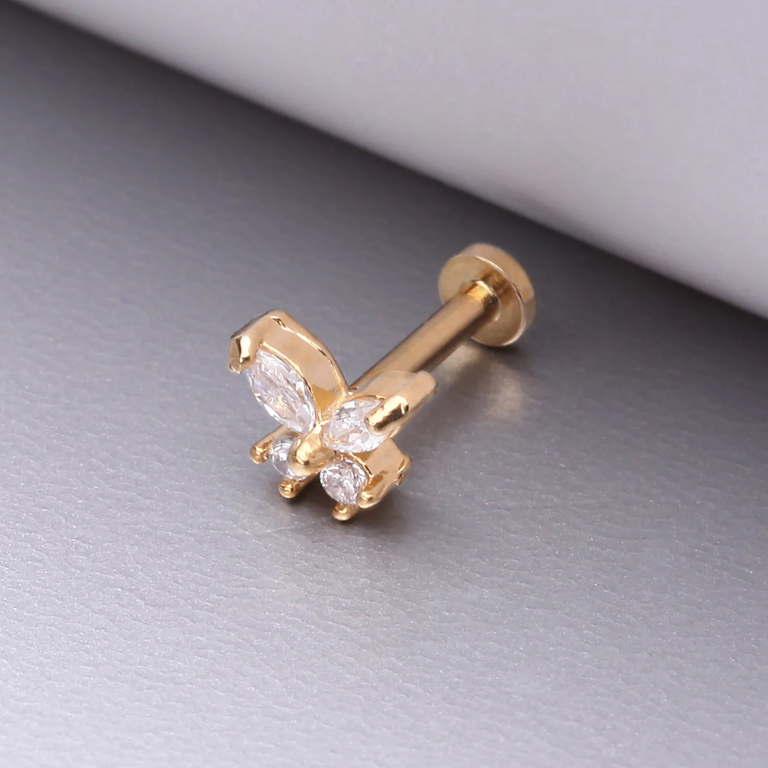 Golden Butterfly Sparkle Prong Set Top Internally Threaded Steel Flat Back Stud Labret - Image 2