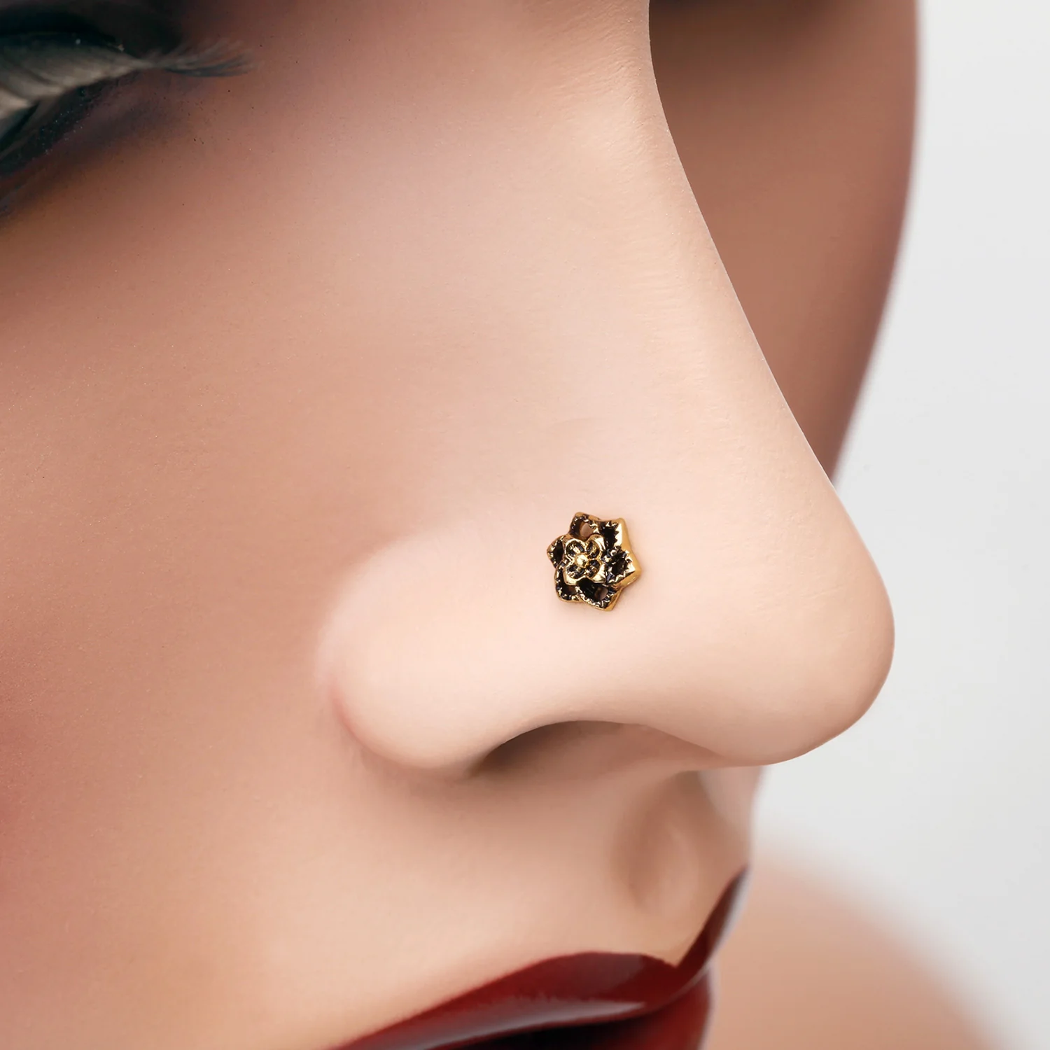 Golden Camellia Flower Filigree Icon Nose Stud Ring - Image 2