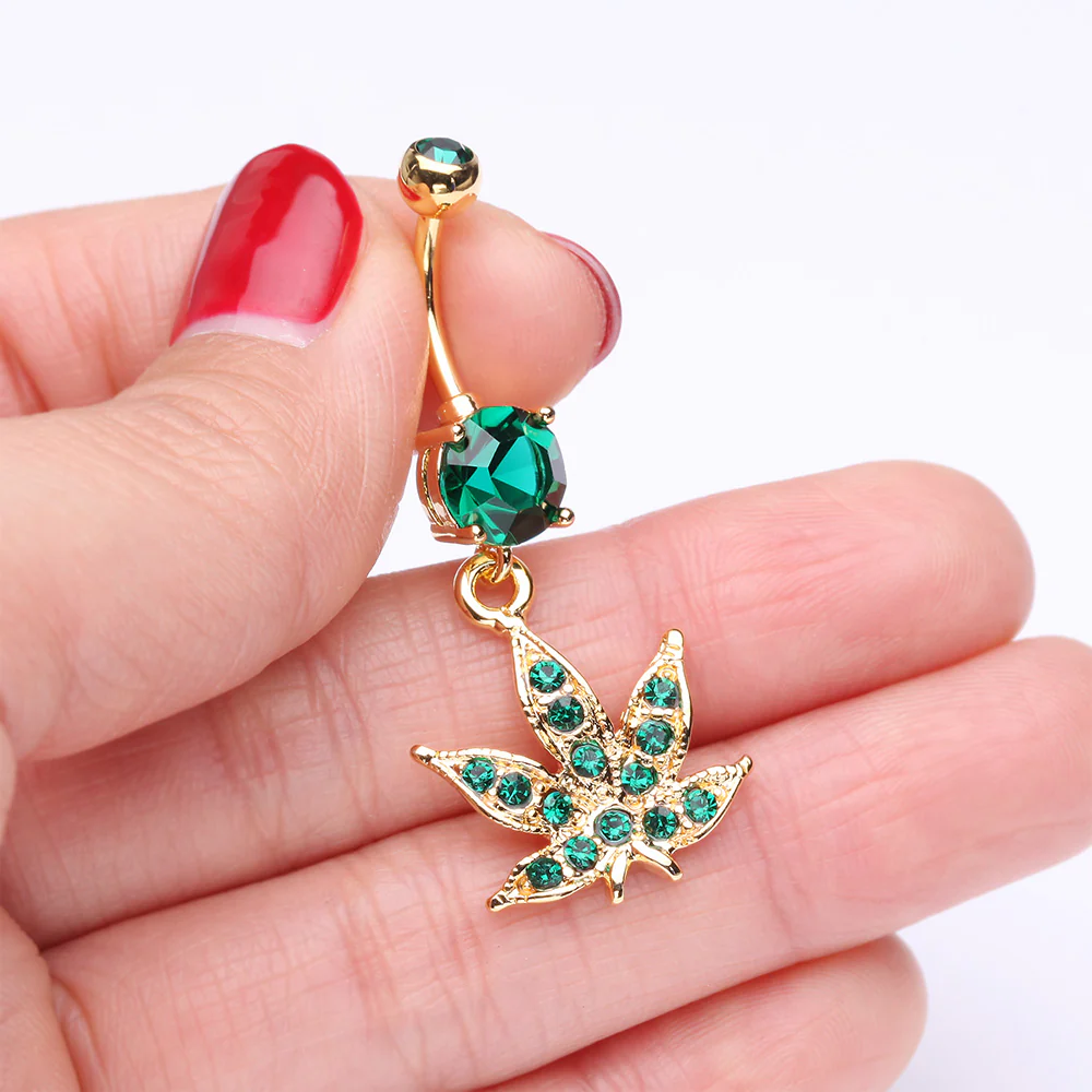 Golden Cannabis Leaf Sparkle Belly Button Ring - Image 4