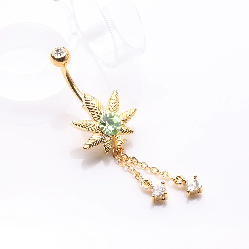 Golden Cannabis Pot Leaf Sparkle Chained Dangle Belly Button Ring - Image 3