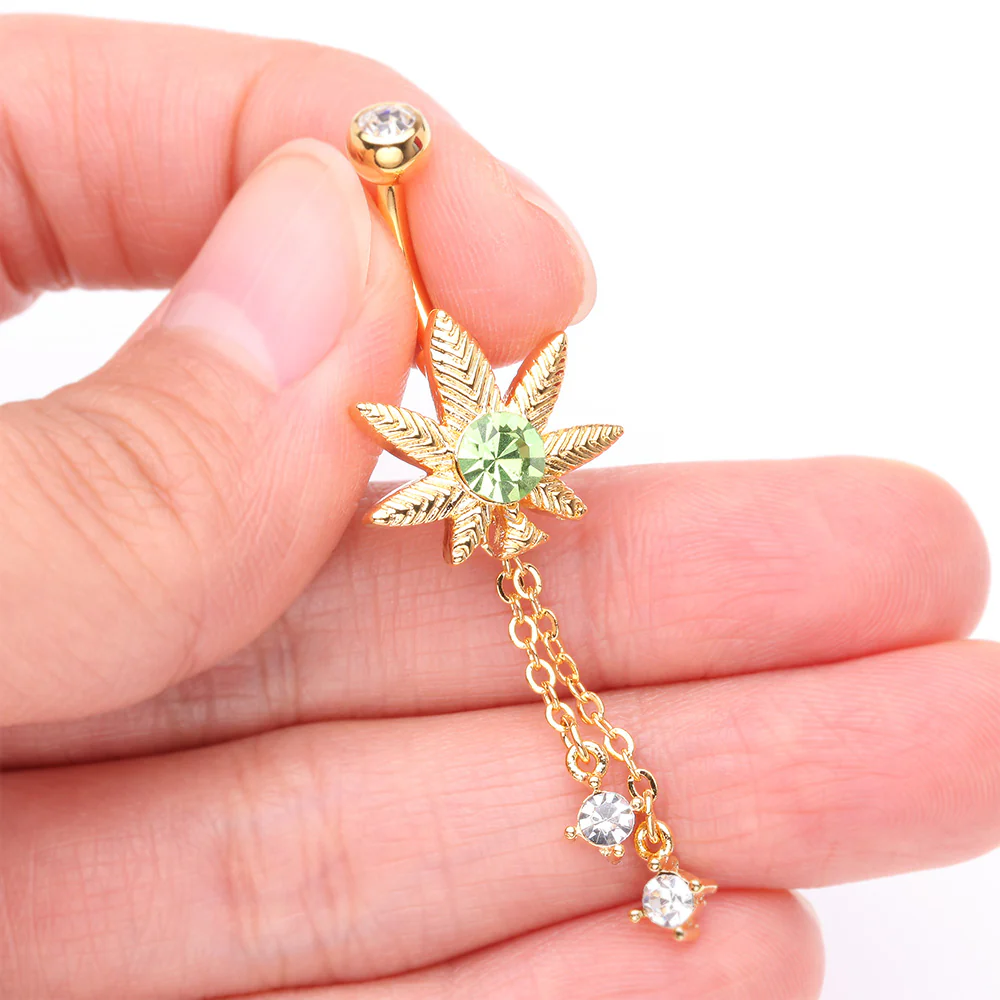 Golden Cannabis Pot Leaf Sparkle Chained Dangle Belly Button Ring - Image 4