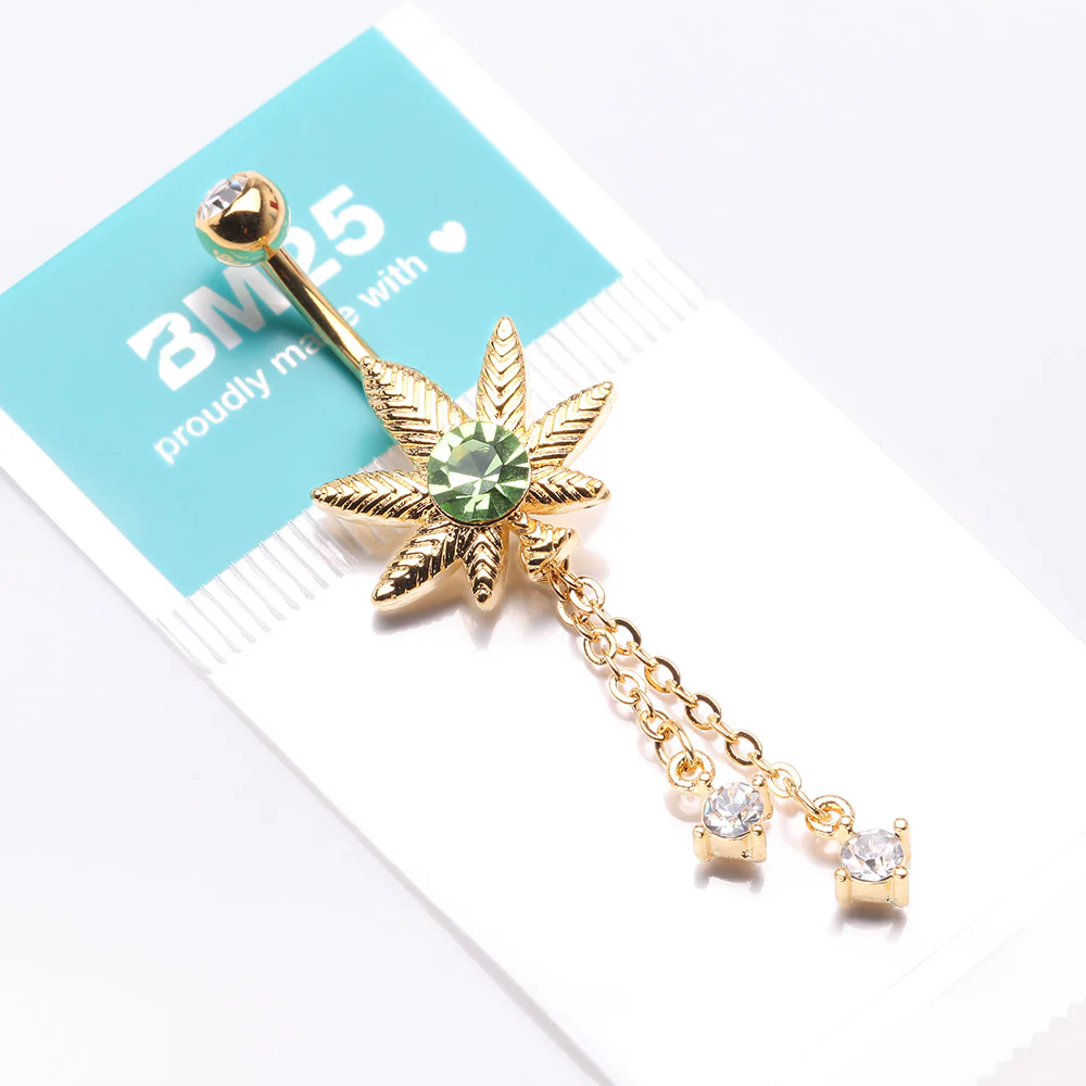 Golden Cannabis Pot Leaf Sparkle Chained Dangle Belly Button Ring - Image 5