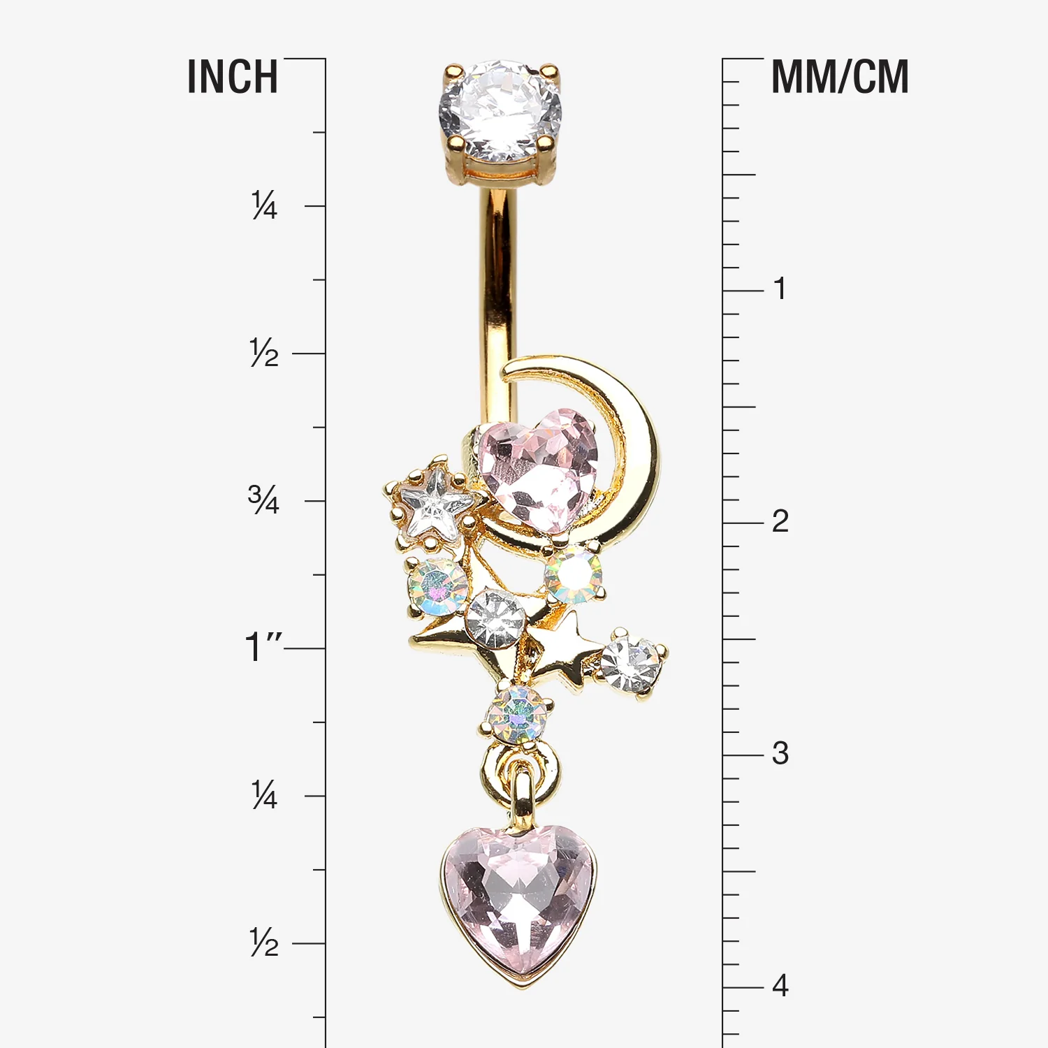 Golden Celestial Moon Star Sparkle Heart Dangle Belly Button Ring - Image 2