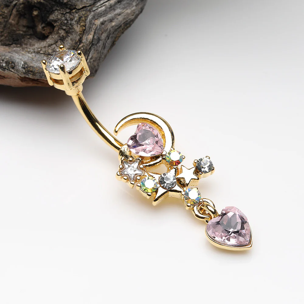 Golden Celestial Moon Star Sparkle Heart Dangle Belly Button Ring - Image 3