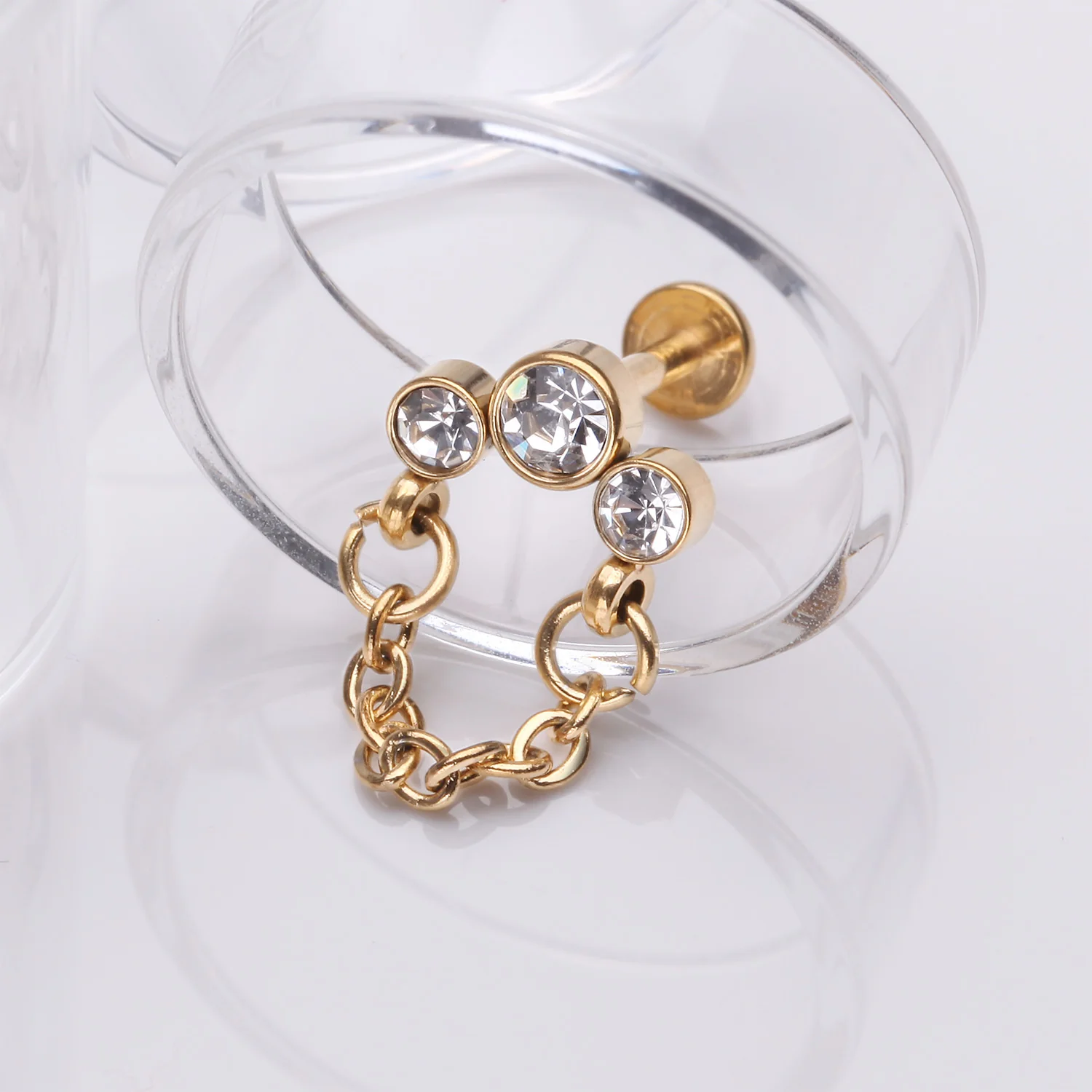 Golden Chained Sparkle Trio Gem Top Internally Threaded Labret Flat Back Stud - Image 2