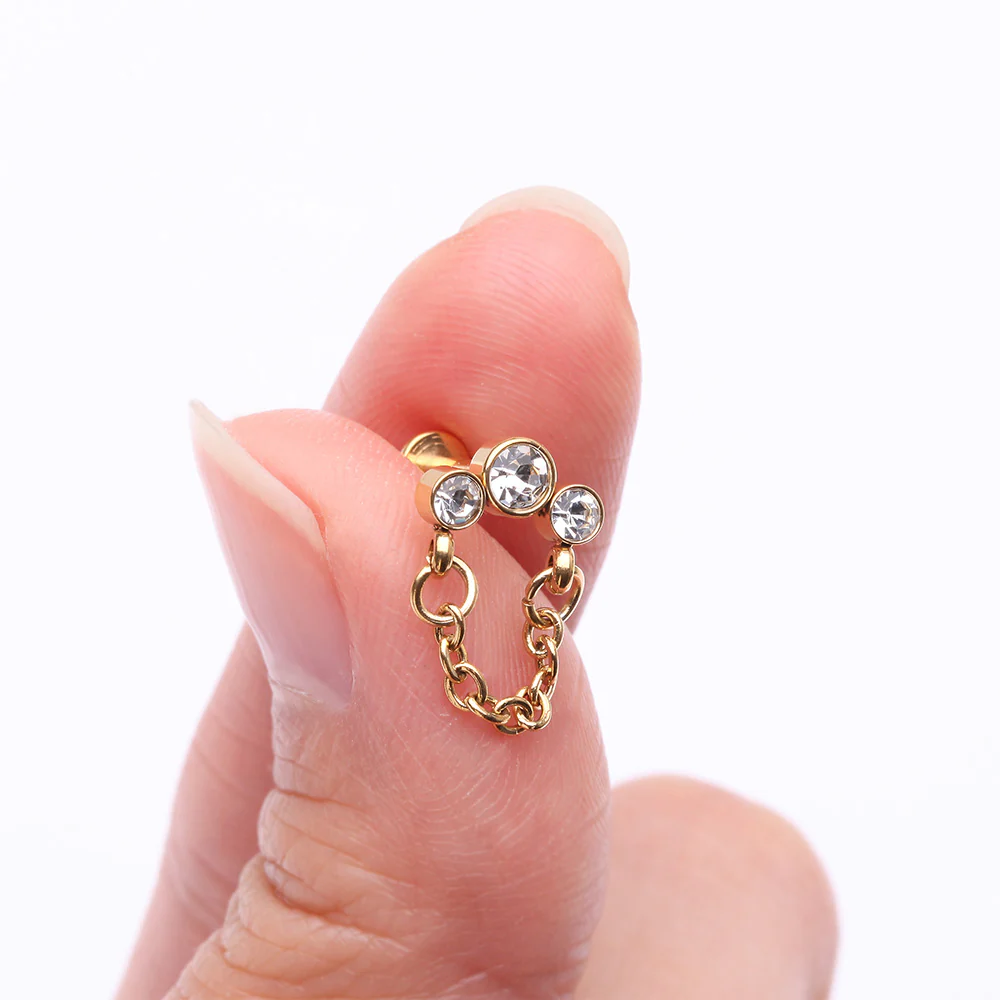 Golden Chained Sparkle Trio Gem Top Internally Threaded Labret Flat Back Stud - Image 3