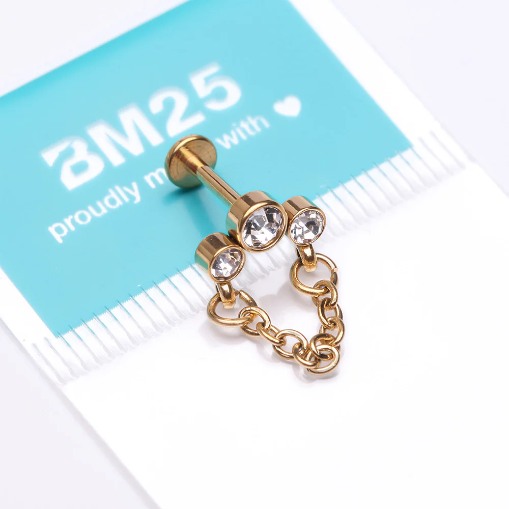 Golden Chained Sparkle Trio Gem Top Internally Threaded Labret Flat Back Stud - Image 4