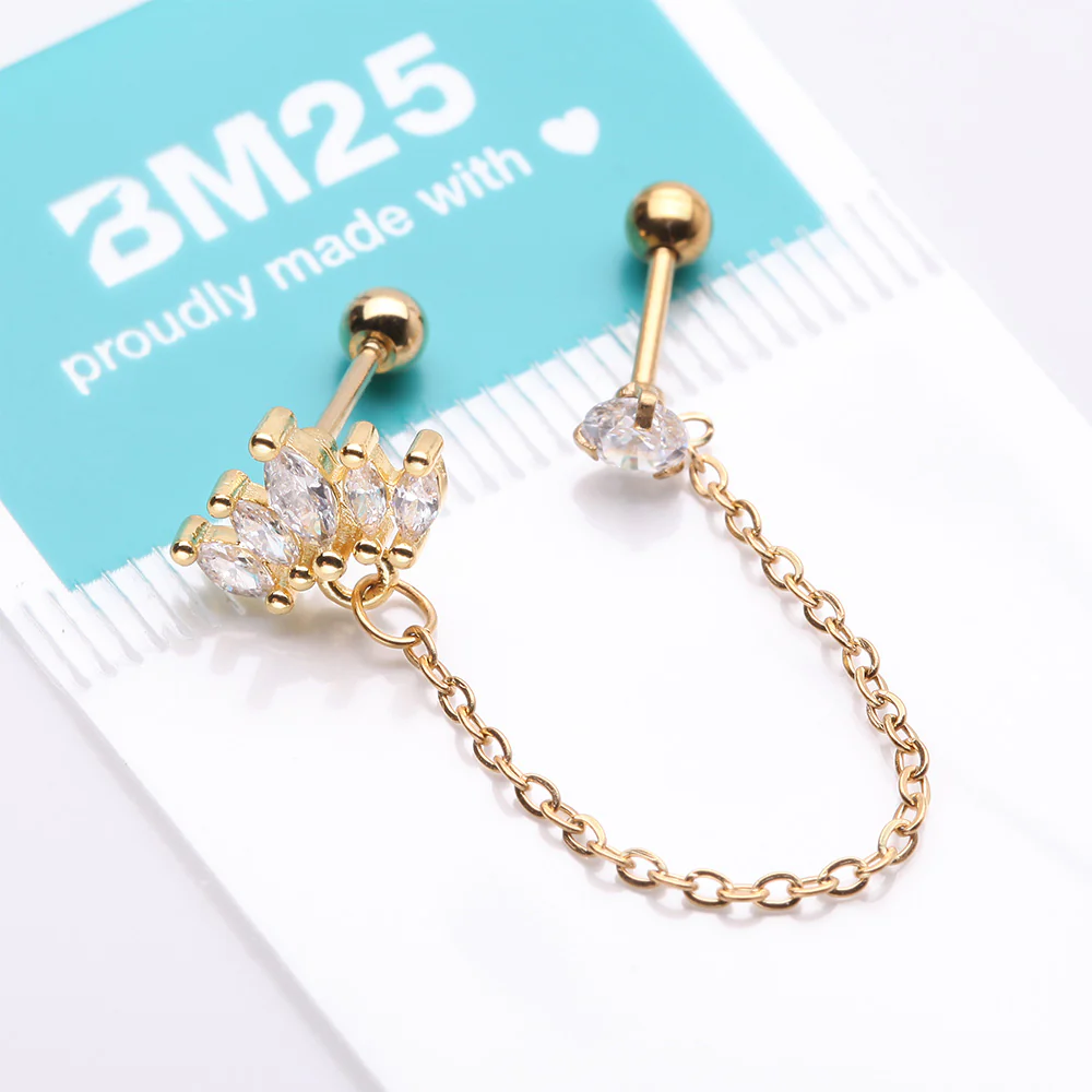 Golden Chainlink Marquise Flower Gem Sparkle Cartilage Barbell Stud - Image 4