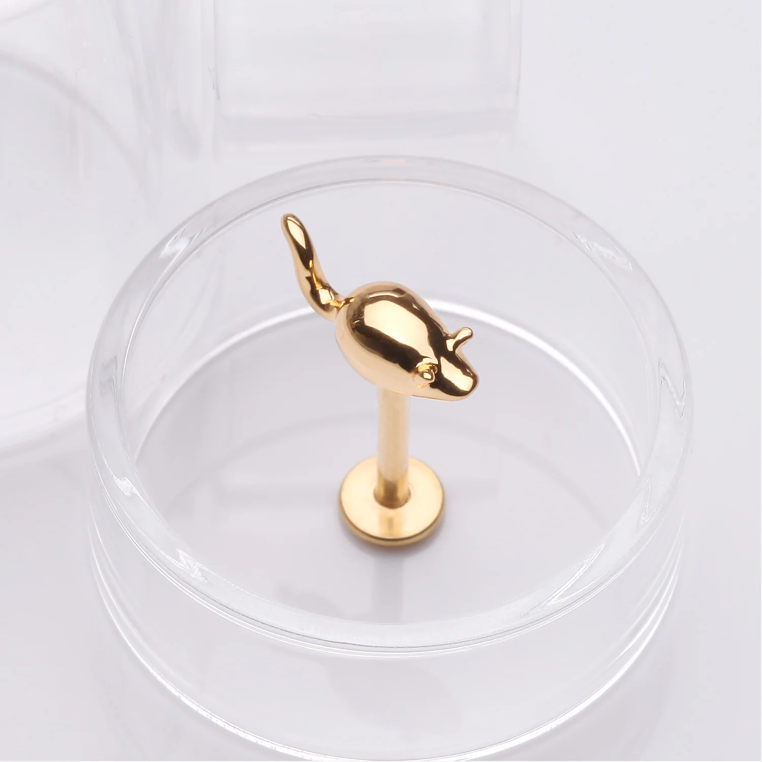 Golden Charming Little Mouse Top Internally Threaded Labret Flat Back Stud - Image 2