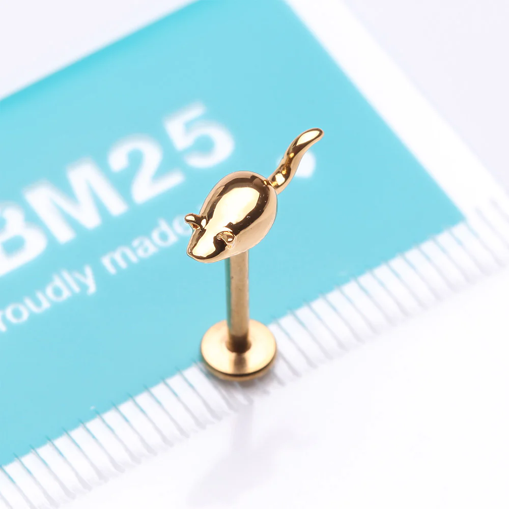 Golden Charming Little Mouse Top Internally Threaded Labret Flat Back Stud - Image 4