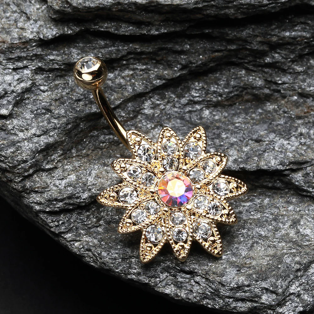 Golden Chrysanthemum Flower Belly Button Ring - Image 3