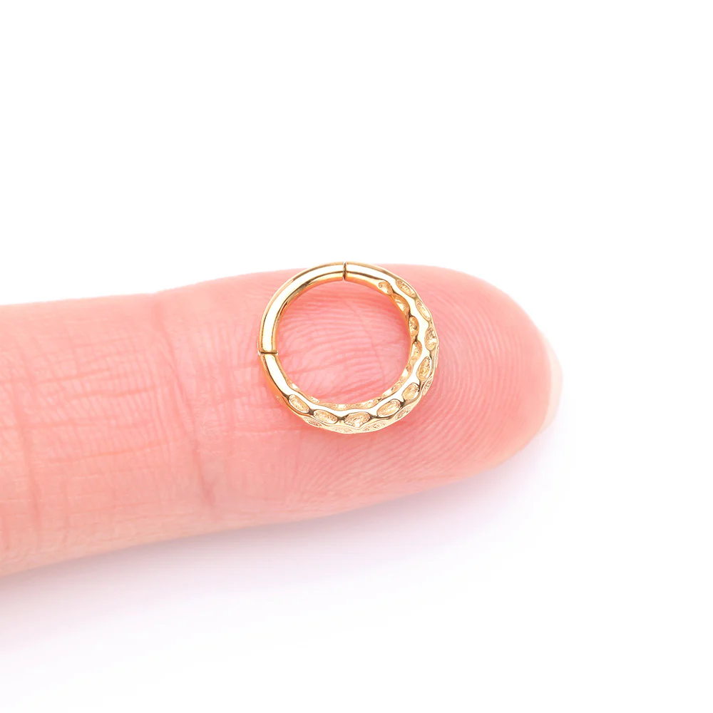 Golden Classic Hammered Texture Steel Clicker Hoop Ring - Image 3