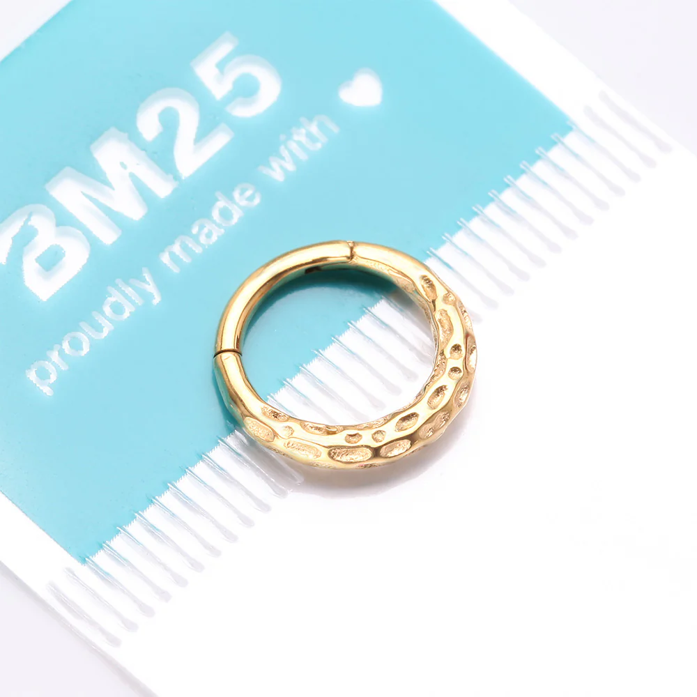 Golden Classic Hammered Texture Steel Clicker Hoop Ring - Image 5