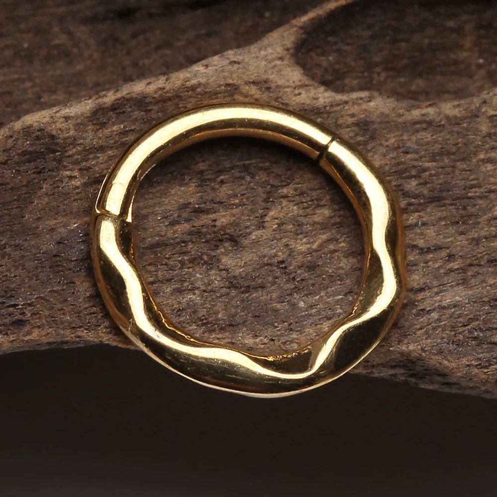 Golden Classic Hammered Wave Seamless Clicker Hoop Ring - Image 3