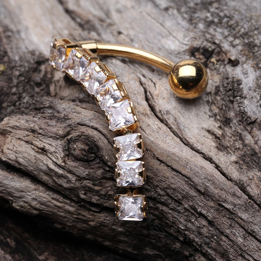 Golden Classic Princess Gems Vertical Sparkle Reverse Belly Button Ring - Image 3