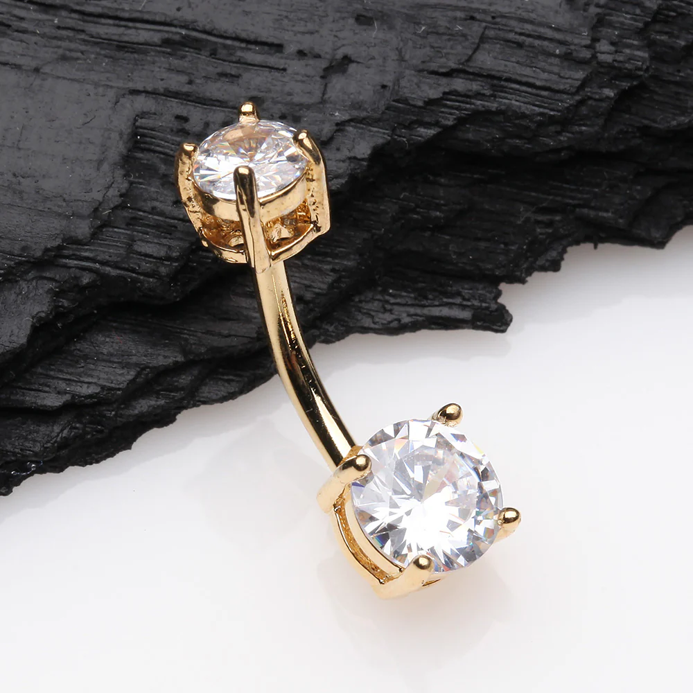 Golden Classic Sparkle Gem Prong Set Internally Threaded Belly Button Ring - Image 3