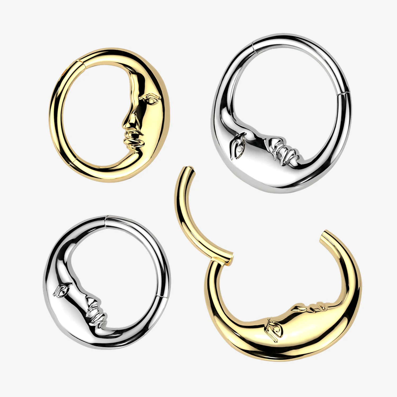 Golden Crescent Moon Face Clicker Hoop Ring - Image 2