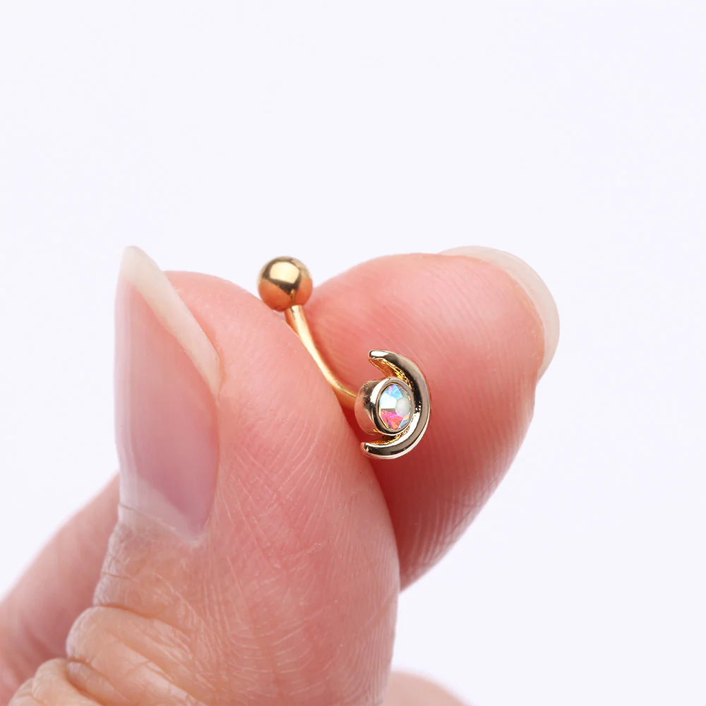 Golden Crescent Moon Sparkle Gem Curved Barbell - Image 3